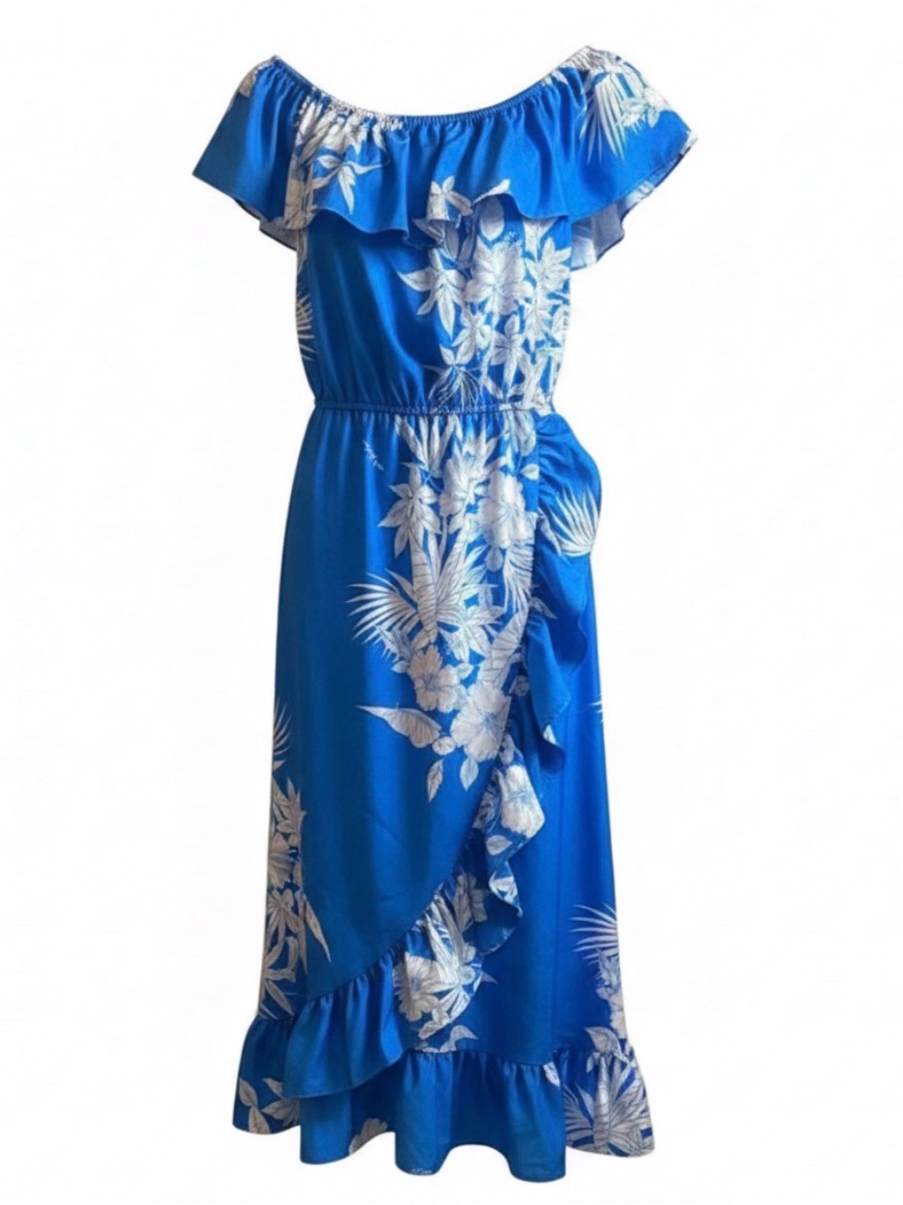 Royal Creations 1970s Hawaiian Dress with Single Left Pocket in Blue and White